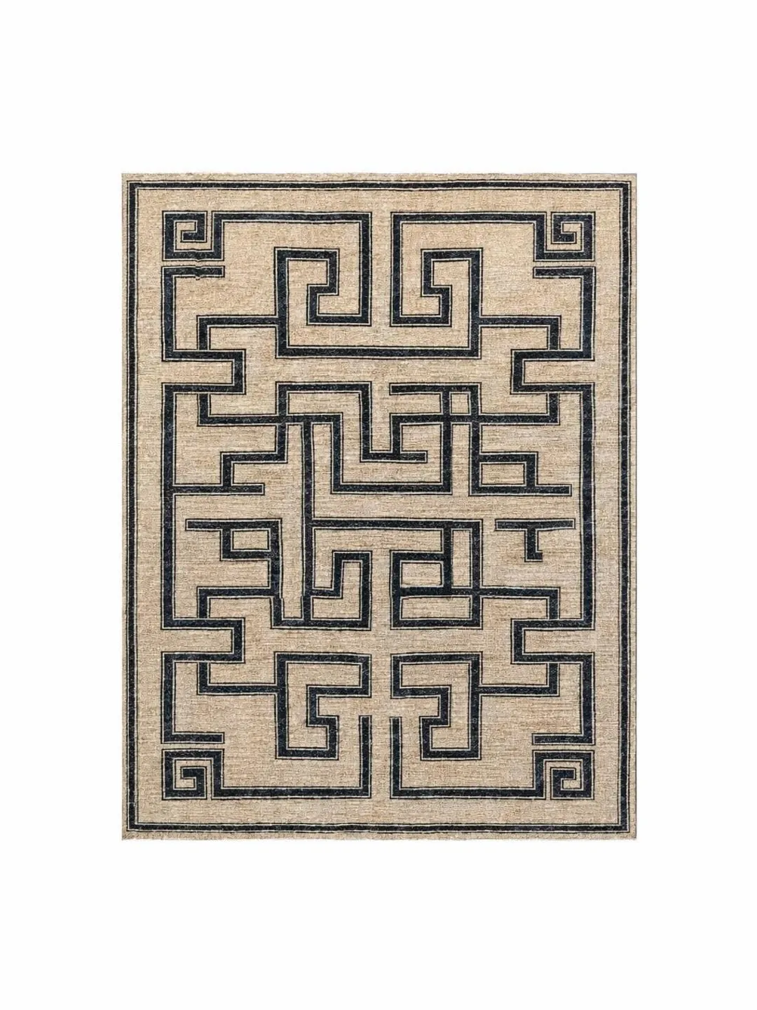 Sand Geometric Rug Hand-Knotted Wool oushak Rug – Sand & Navy Geometric Meander Design ...