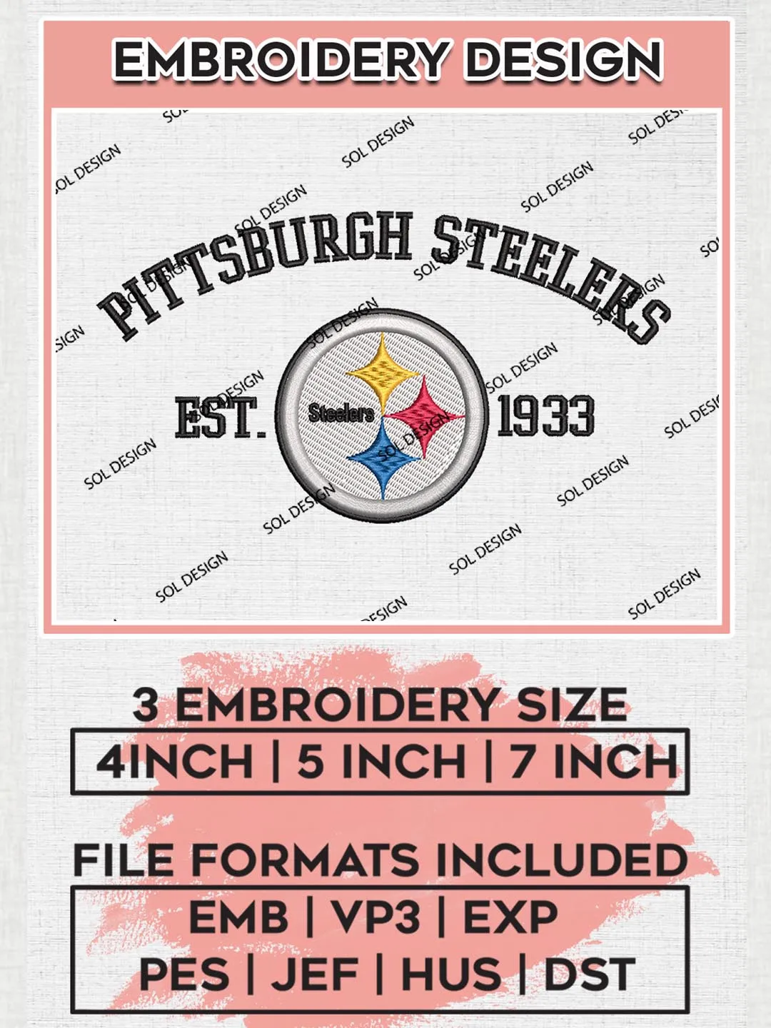 NFL Pittsburgh Steelers Est 1933 Embroidery Design Files, NFL Steelers, NFL Embroidery Designs, NFL Pittsburgh Steelers Machine Embroidery Design, Digital Download