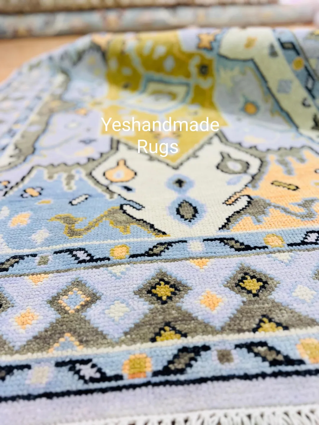 Handmade Oushak Rug: Light Blue & Mustard Wool, Vintage Turkish Area Rug