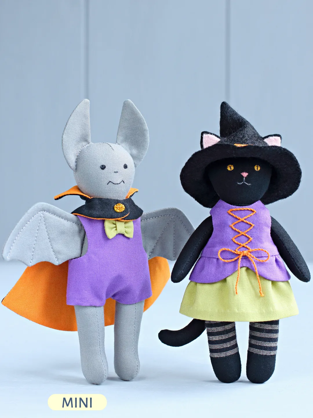 2 PDF Mini Halloween Cat and Bat Stuffed Animals Sewing Patterns Bundle