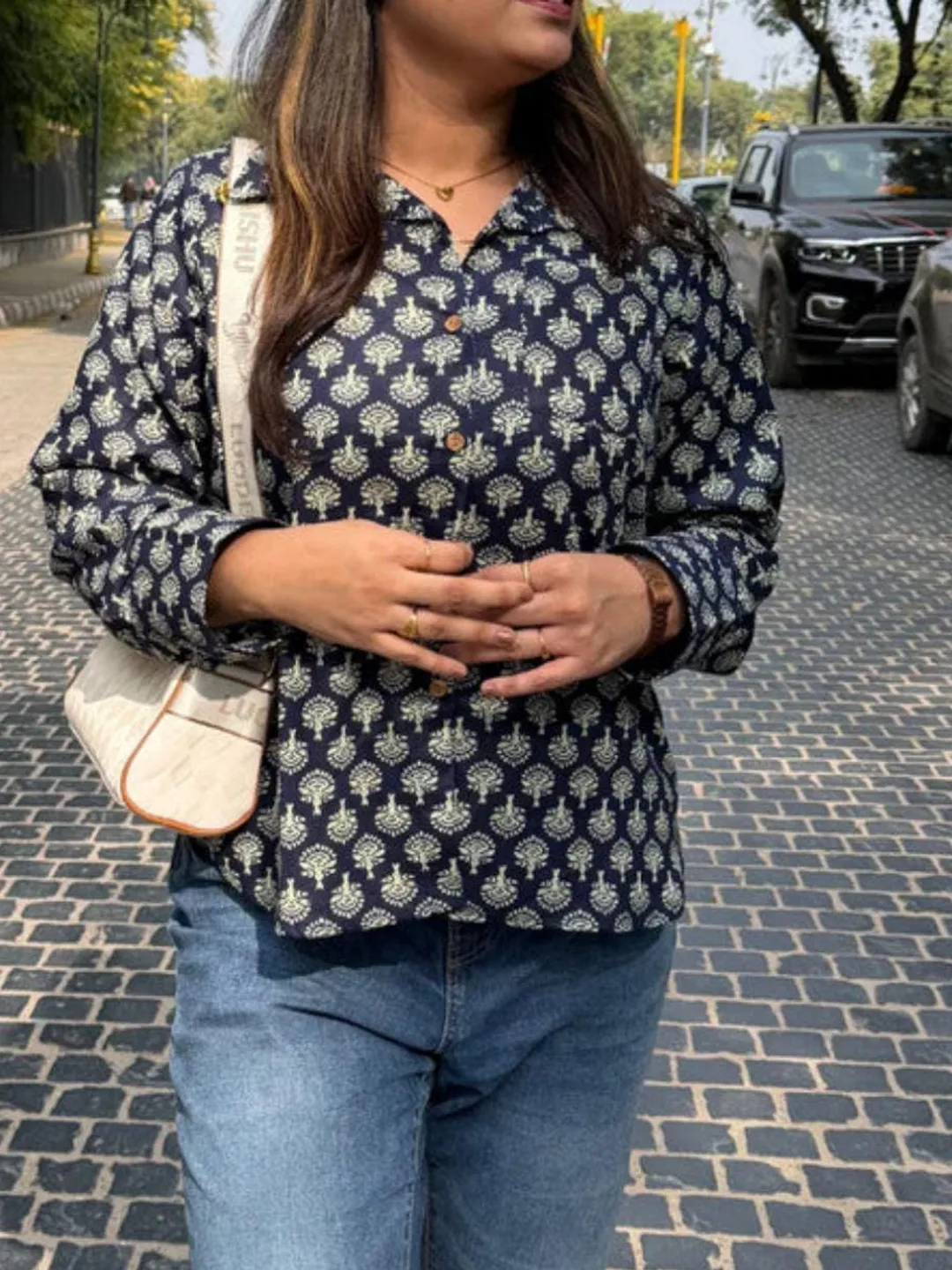 Navy Blue Block Print Cotton Shirt for Women, Handmade Boho Button Down Top