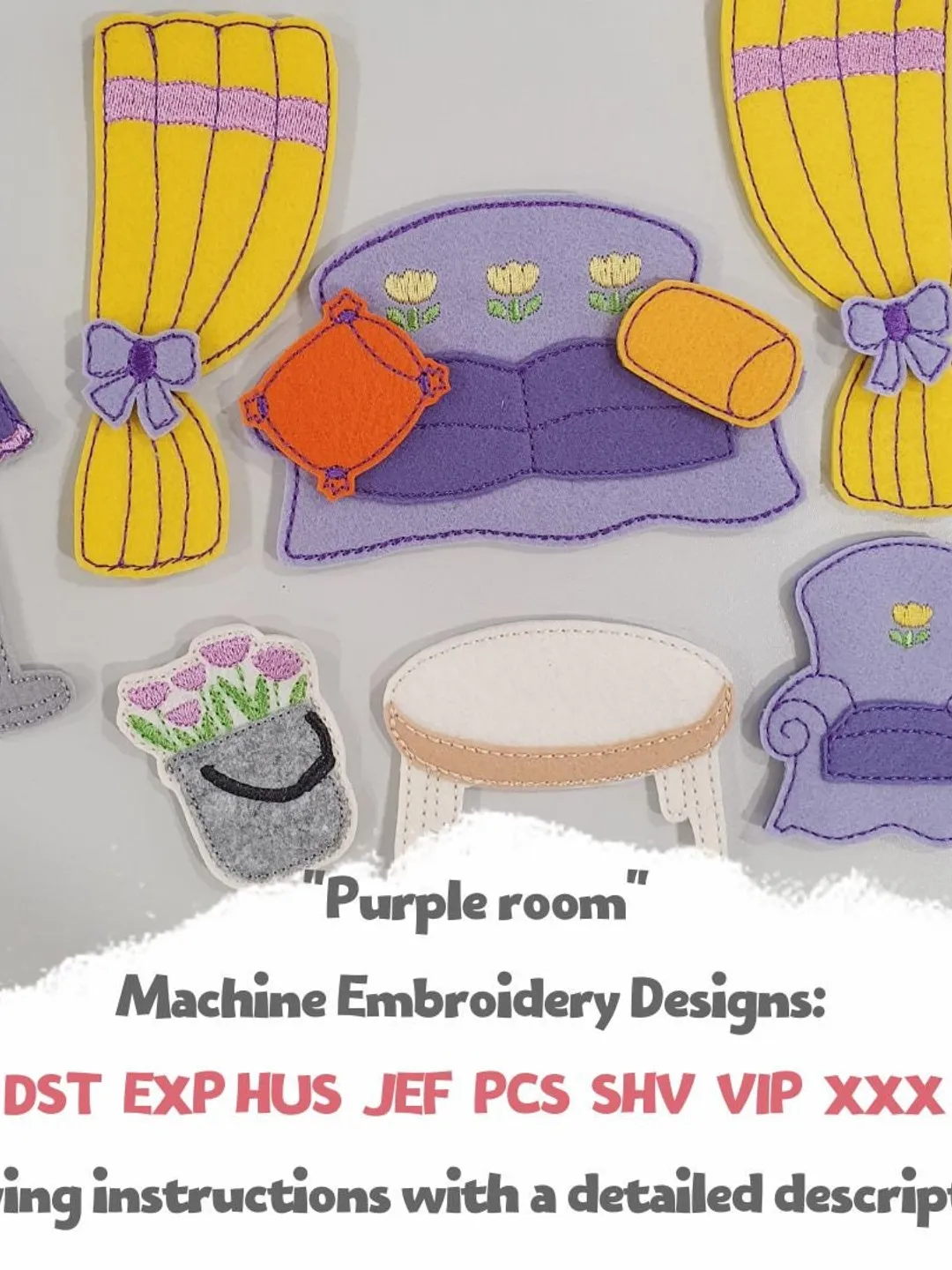 ITH Felt Dollhouse Living Room Set Embroidery Pattern, Miniature Sofa Armchair Furniture Design 5x7 Hoop Digital File