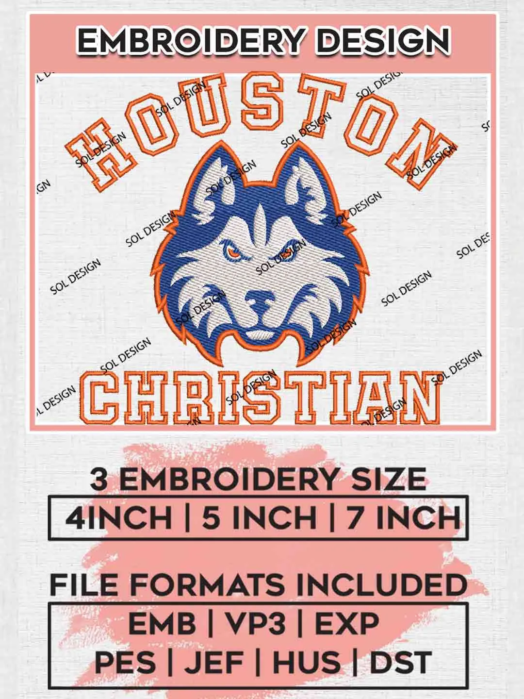 Houston Christian Huskie Embroidery Design, Football Embroidery files, Sport Machine embroidery files, 3 sizes, Instant Download