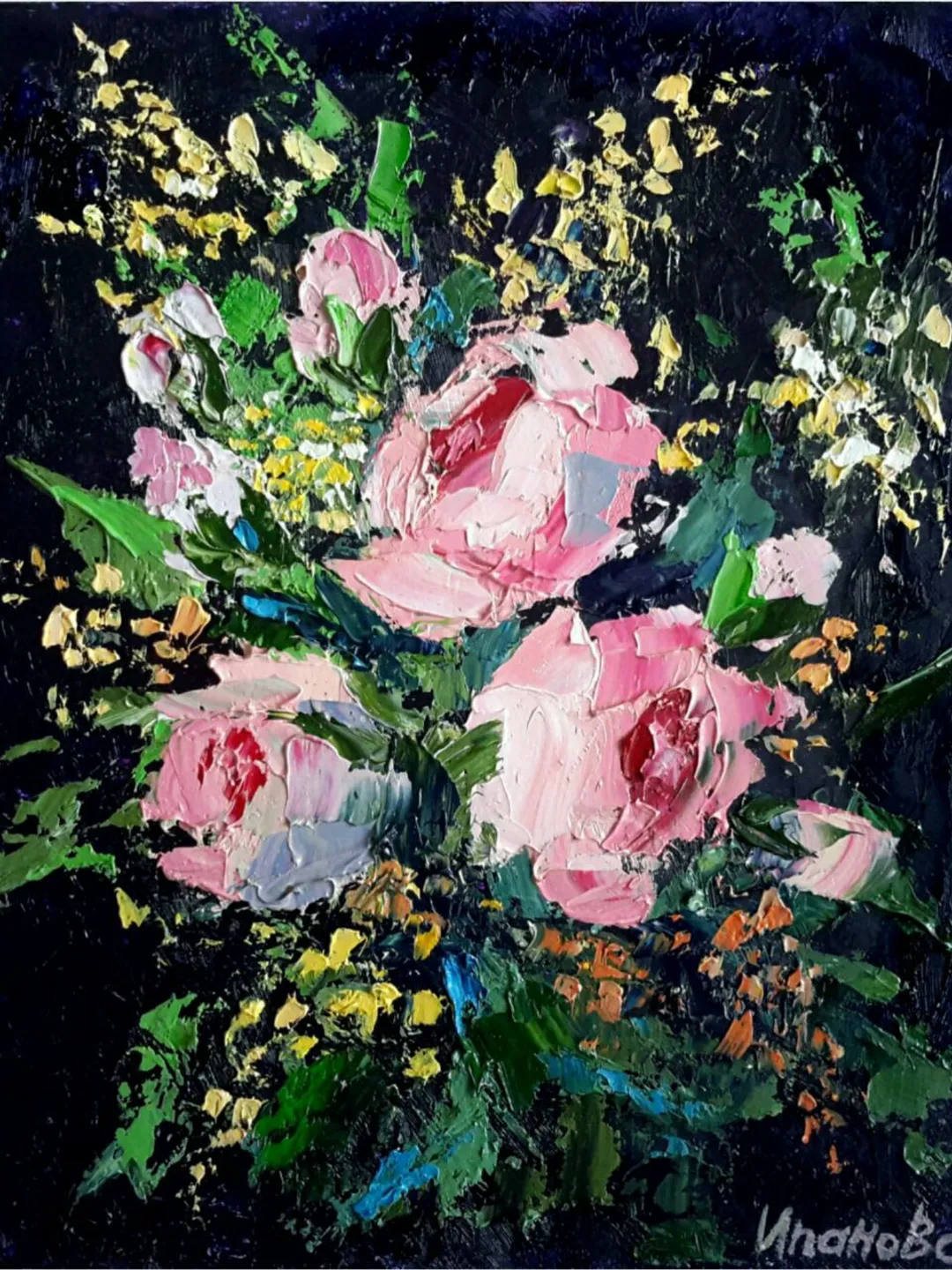 Pink Roses Original Oil Painting Flowers Impasto Floral Artwork