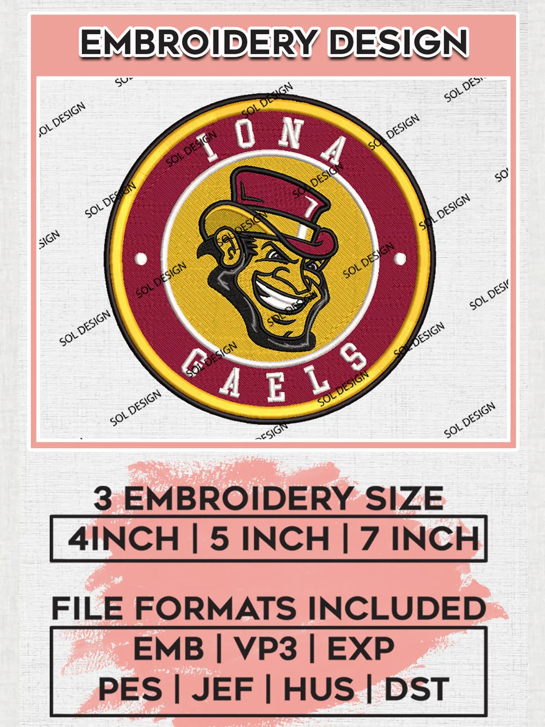 NCAA Iona Gaels Round Logo Embroidery, NCAA Iona Gaels Embroidery Design files, NCAA Teams, NCAA Machine embroidery designs, Digital Download