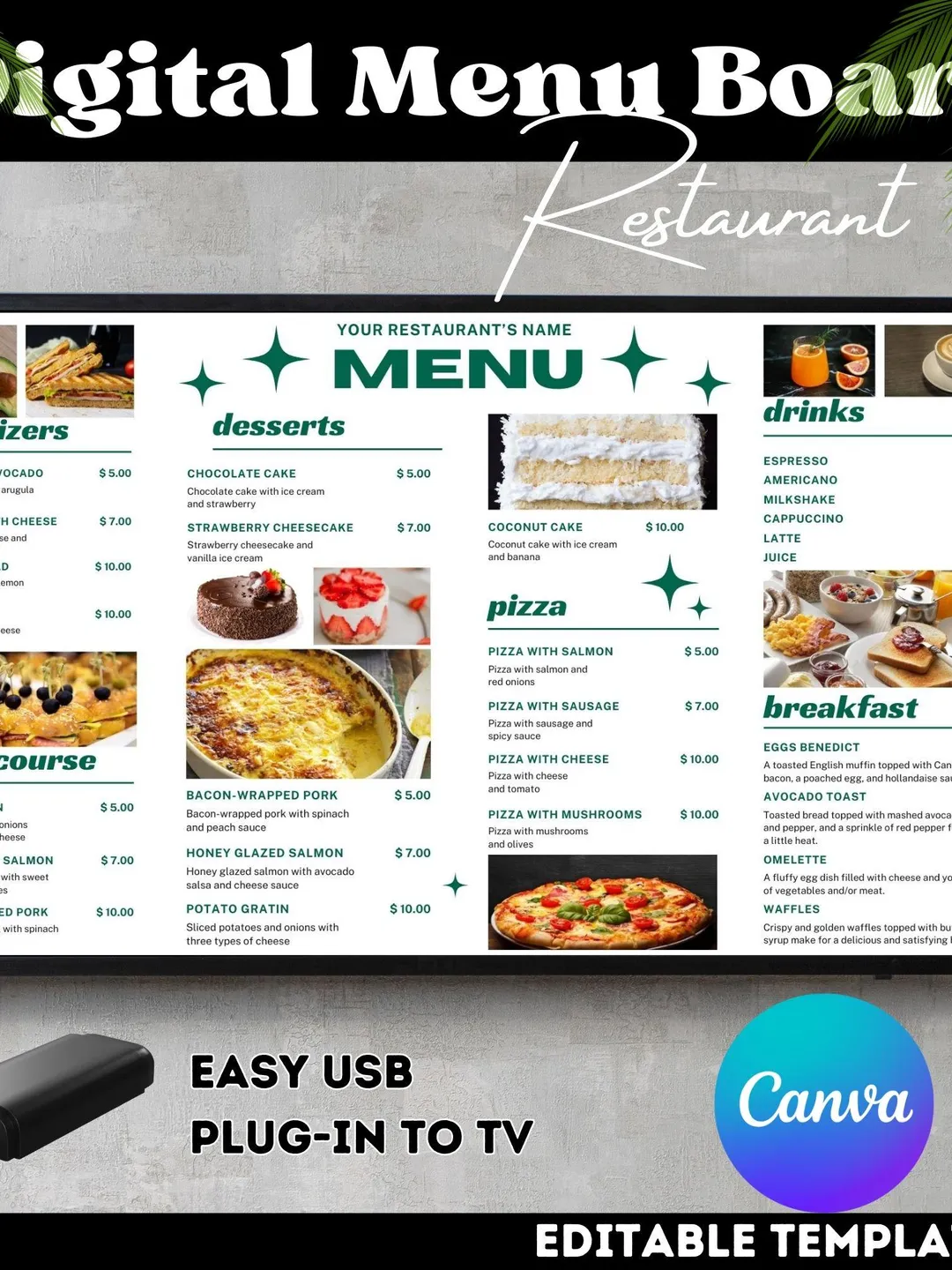 Restaurant TV Menu Board Template: Modern Design (Canva Editable)