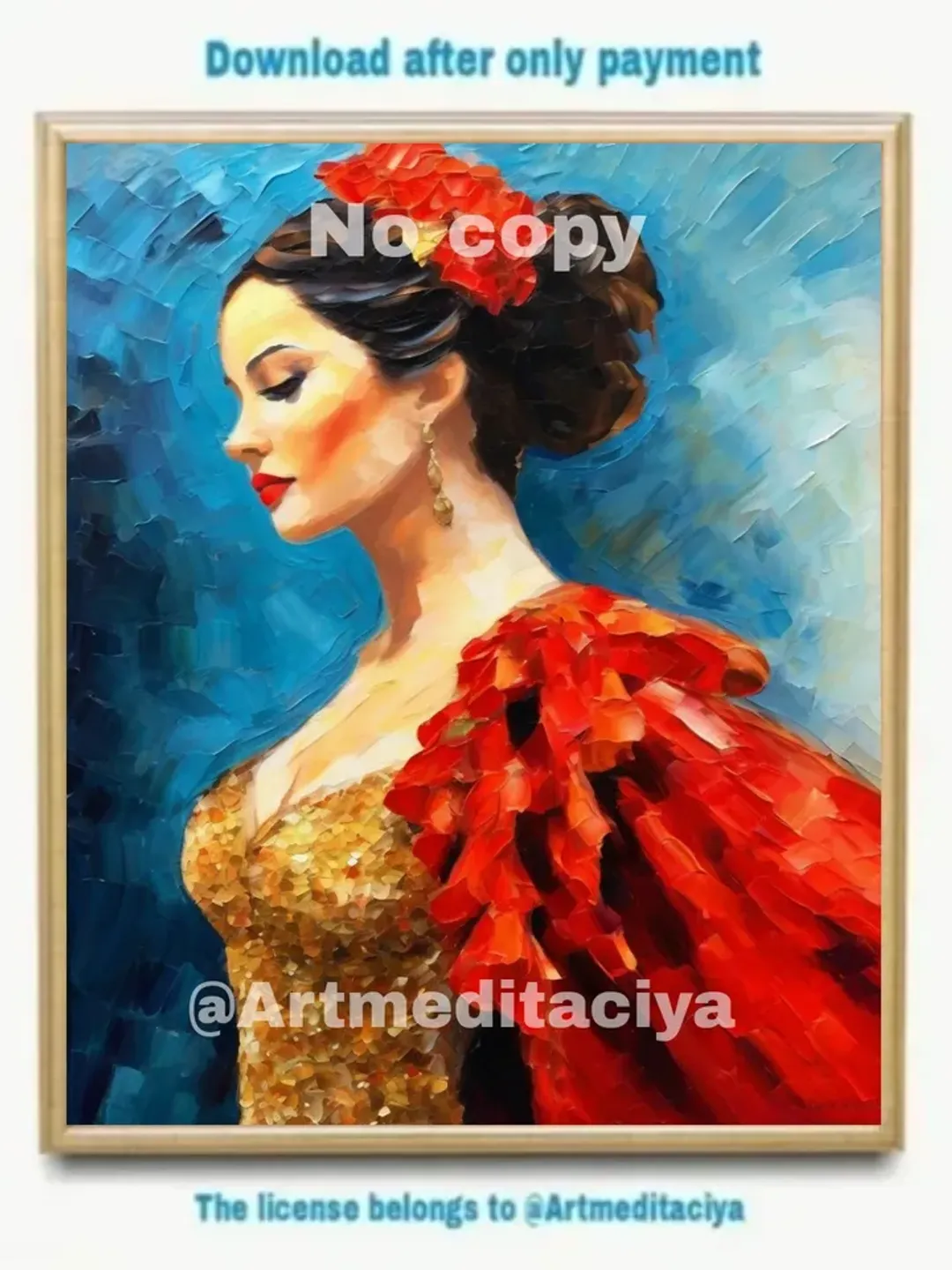 Digital abstract painting "Mysterious Carmen" in the style of oil painting with a palette knife on an abstract blue-blue background. This is an image of a Spanish brunette in a gold shiny neckline with puffy red sleeves, earrings and a red flower in hair
