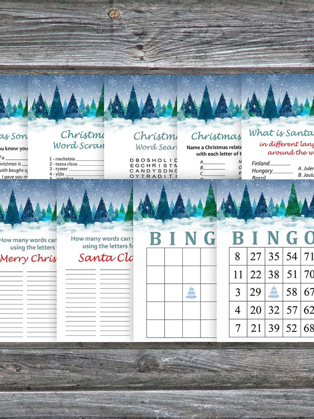 Christmas party games bundle,Printable Christmas Party Game Pack,Winter forest Christmas Trivia Game Cards