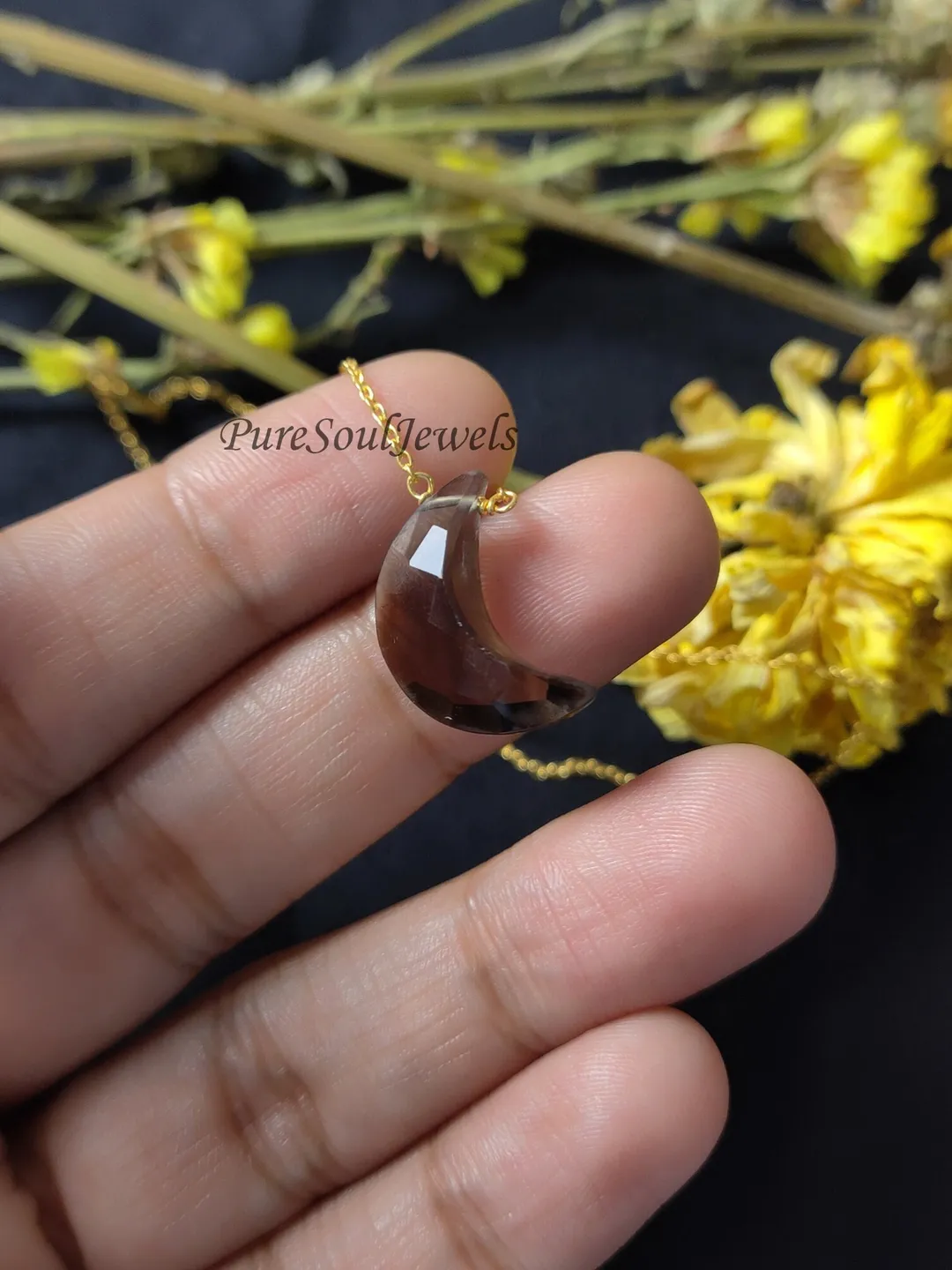 Smoky Quartz Crescent Moon Necklace: 925 Sterling Silver, Boho Jewelry