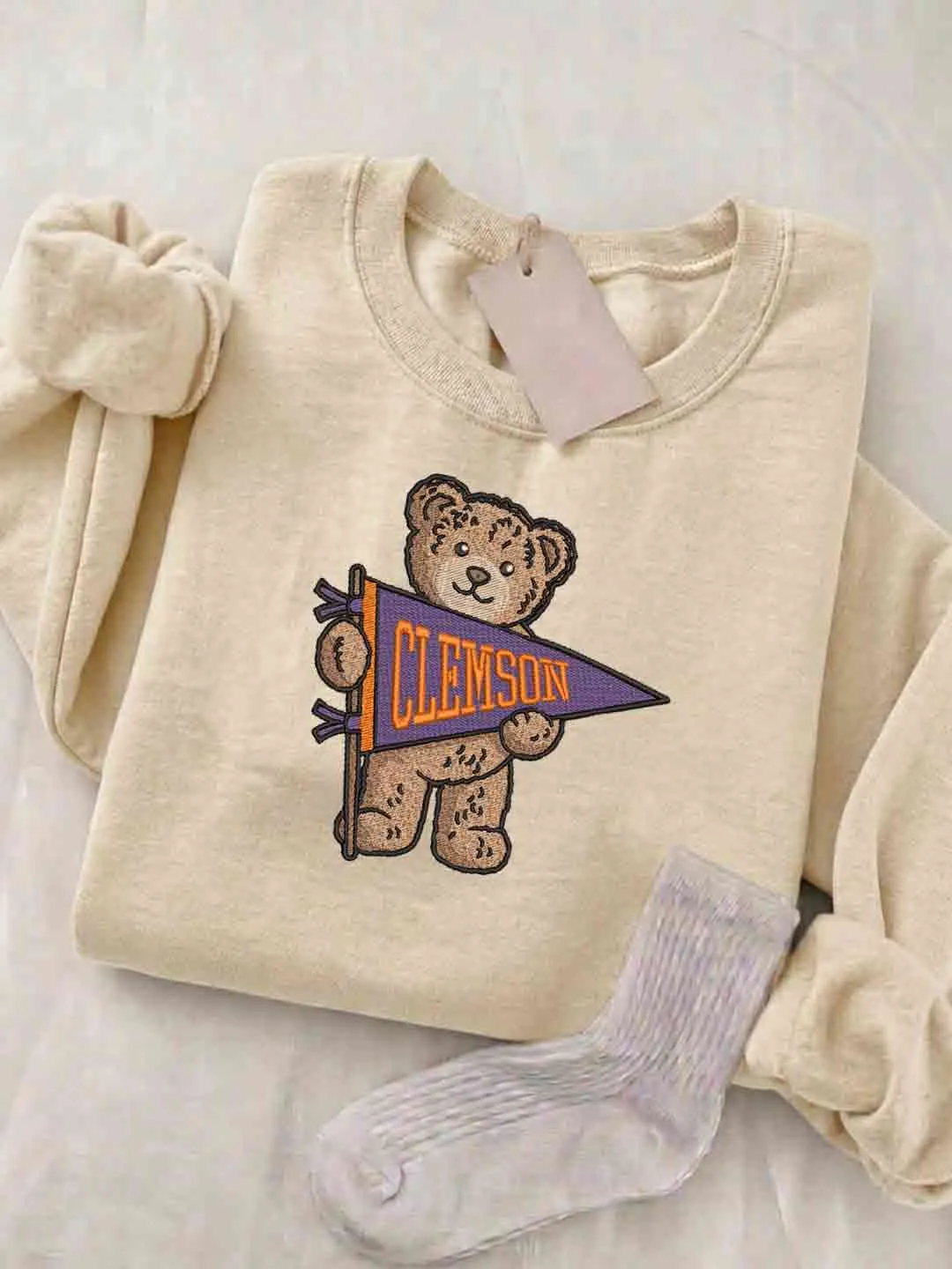 Clemson Tigers Embroidered Sweatshirt, College Embroidered Crewneck, NCAA Clemson Embroidered Shirt, Teddy Bear Sweatshirt, Gift for Collegue