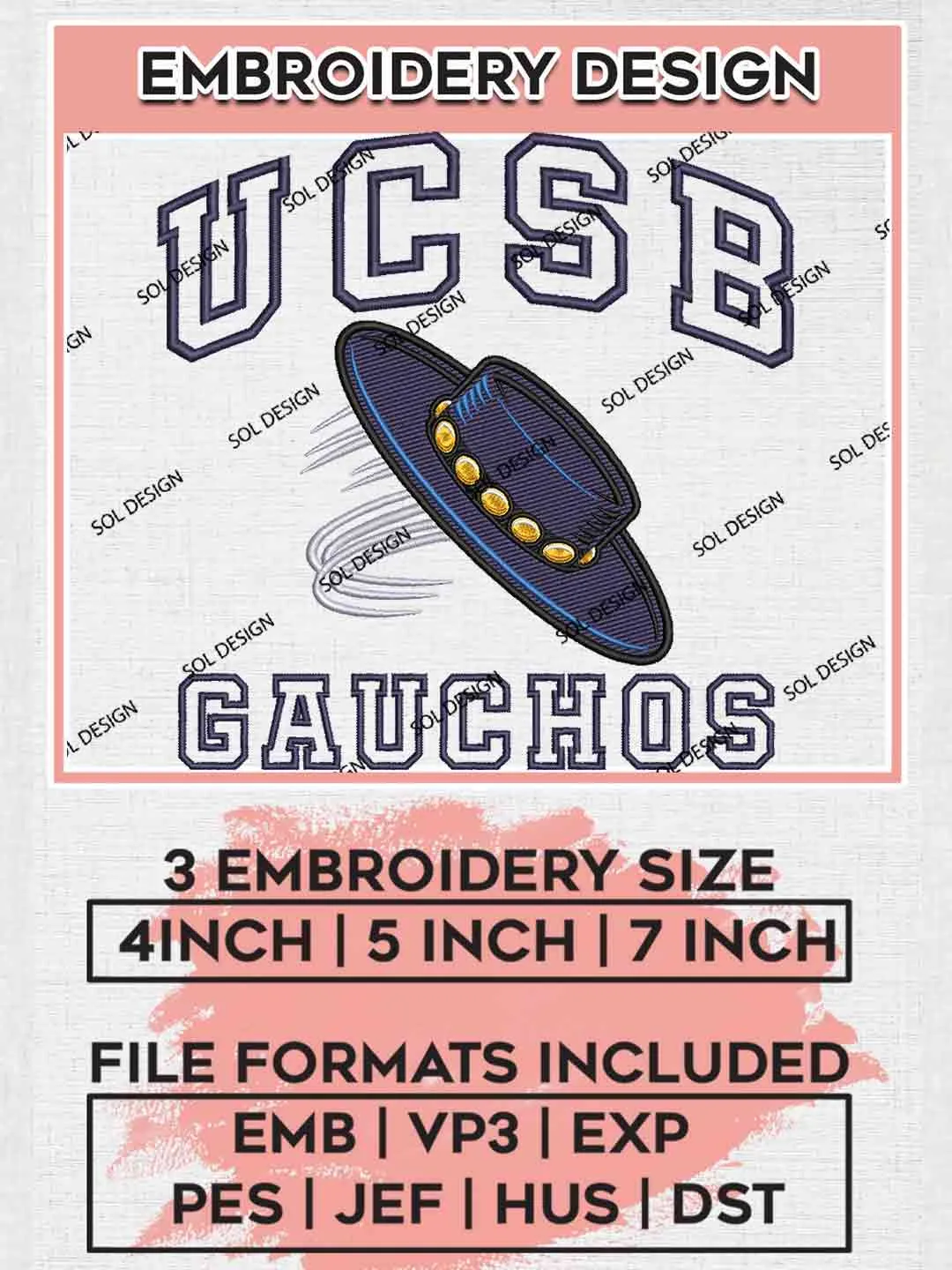 UCSB Gaucho Embroidery Design, Football Embroidery files, Sport Machine embroidery files, 3 sizes, Instant Download