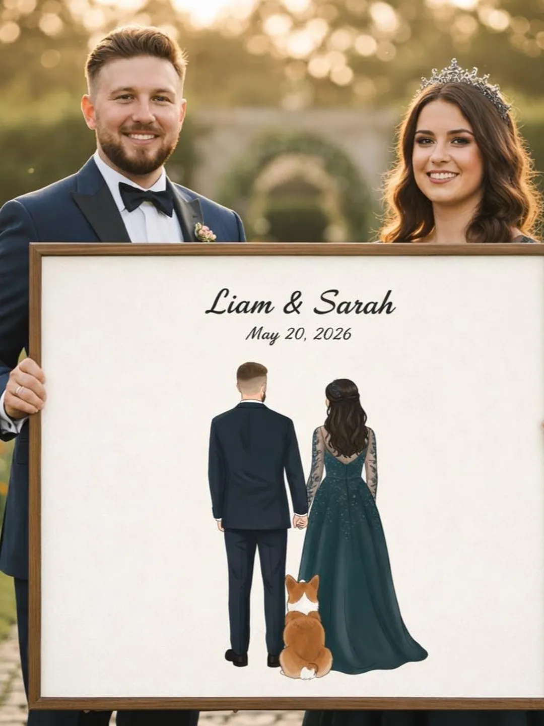 Personalized wedding and pet portrait, Custom Family Portrait Illustration, watercolor portrait keepsake for Couple, Gift for Huband