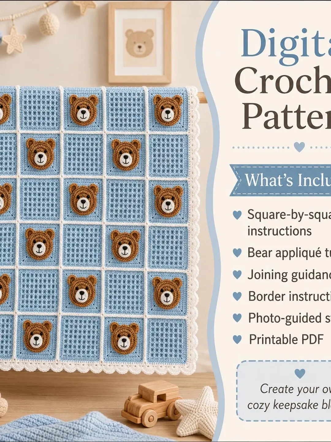 Crochet Teddy Bear Granny Square Baby Blanket Pattern | Crochet Blanket Pattern PDF| Waffle Stitch Animal Nursery Blanket|  Instant Download
