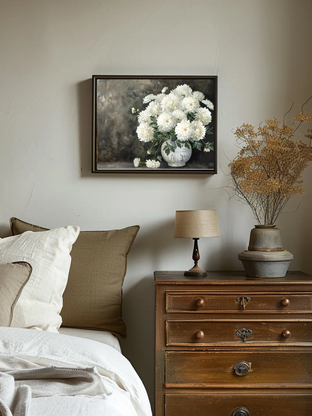 Bouquet of white chrysanthemum in a vase watercolor drawing, digital illustration, digital painting , wall art decoration. AI