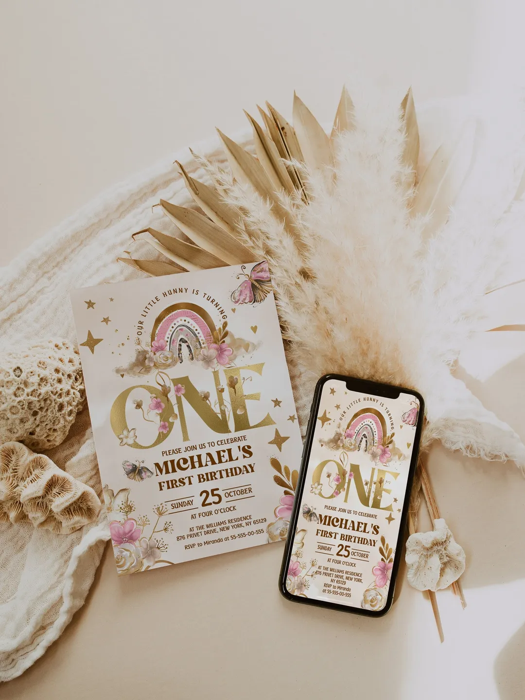 Editable Girl Birthday Invitation; Flowers Boho Rainbow Butterflyes Birthday; Cute girl invitation any age; boho rainbow birthday invitation
