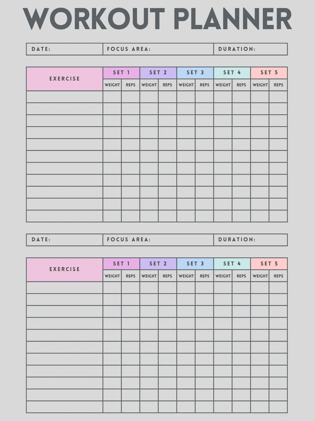 Advanced Workout Log Printable