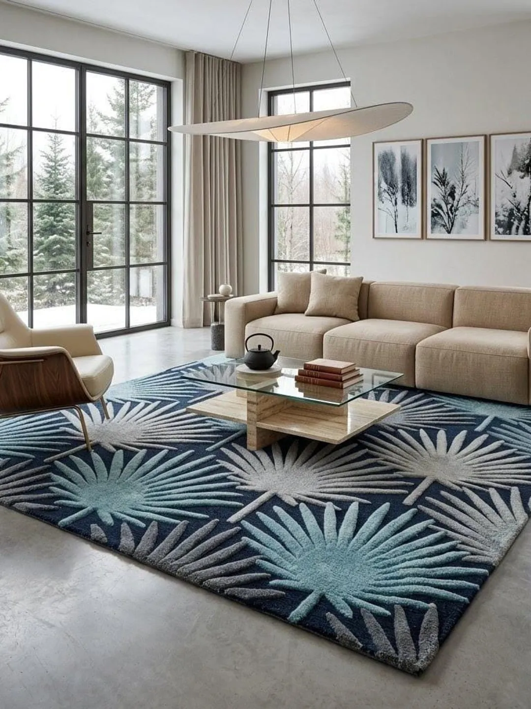 Blue Palm Leaf Wool Rug, Navy Botanical Area Carpet, Mid Century Fan Palm Decor, Coastal Tropical Room Rug, Hand Tufted Custom Carpet