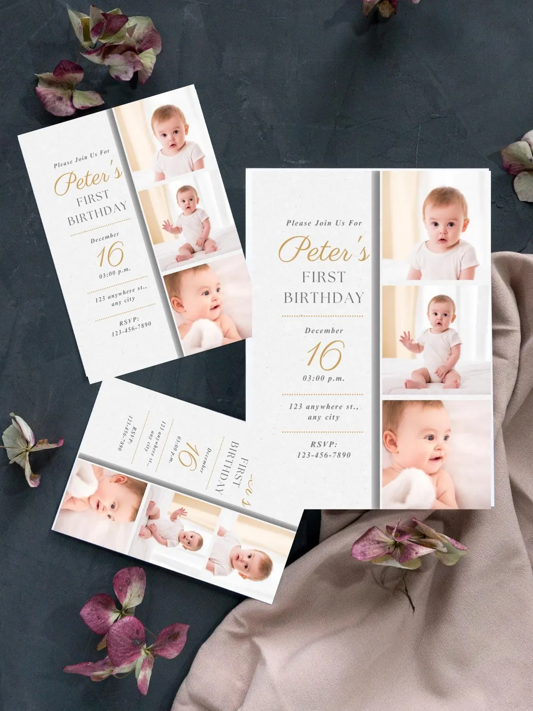 Minimalist Neutral First Birthday Invitation with Photo, Modern 1st Birthday Template, Editable in Canva