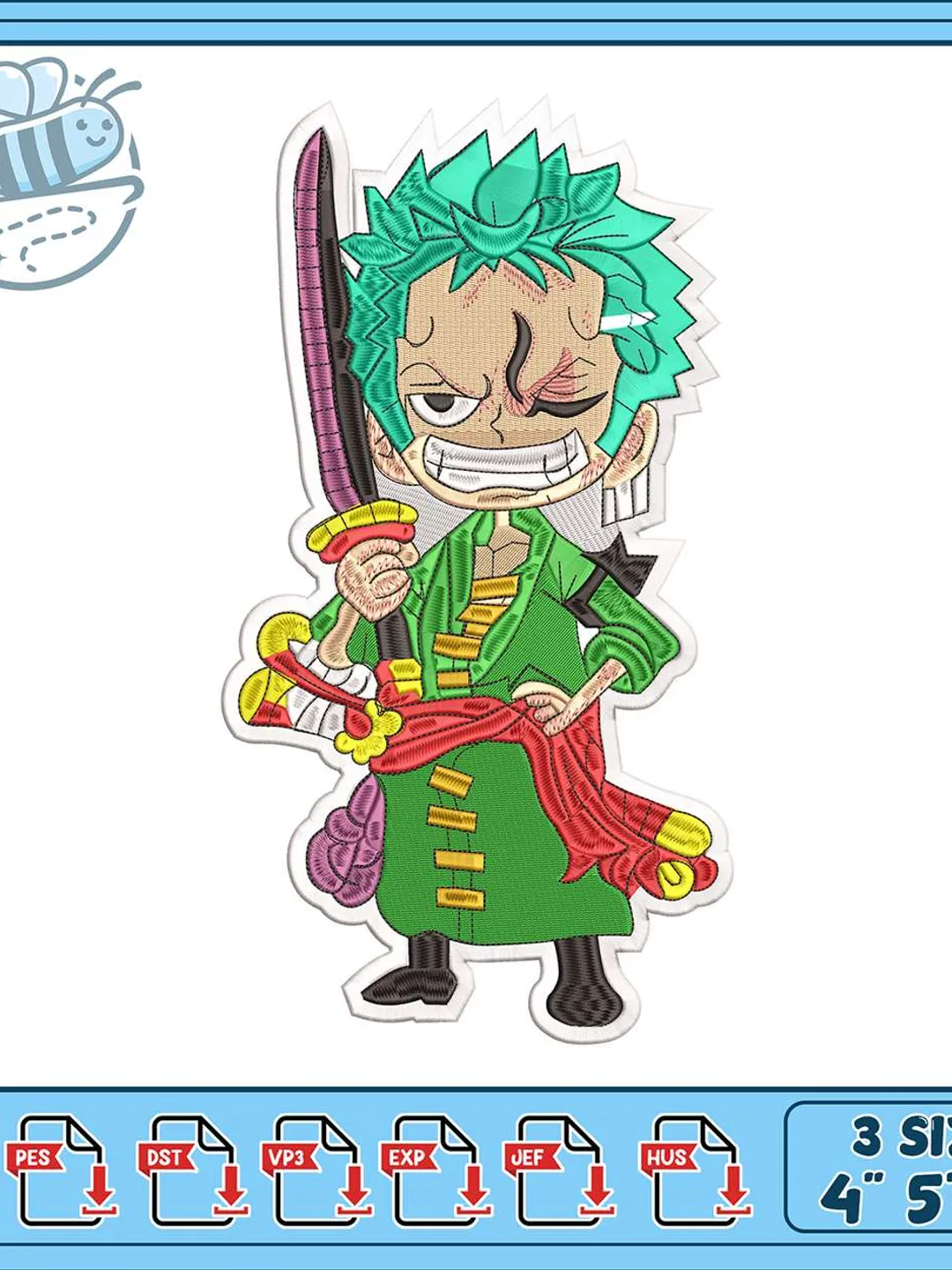 Zoro Chibi Embroidery Design, One Piece Anime Machine Embroidery