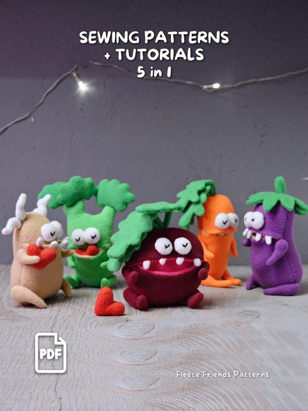 Veggie Monster Plush Sewing Pattern Bundle PDF. 5 Character Toys with Secret Pockets