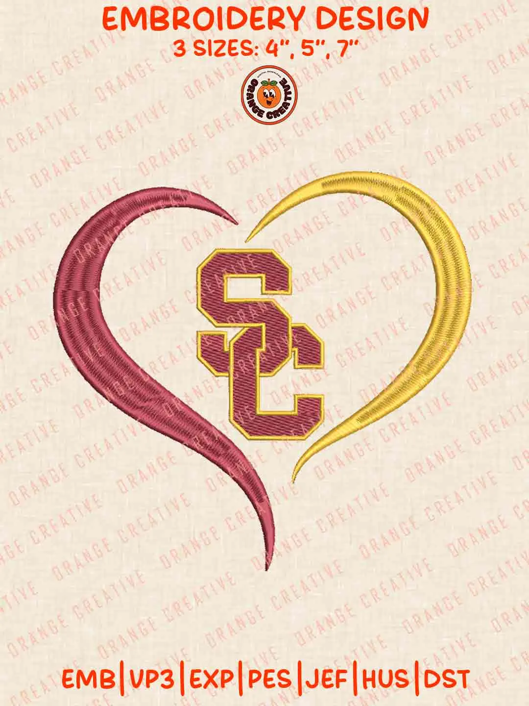 USC Trojan Heart Embroidery Design Files, Football Embroidery Designs, Sport Machine Embroidery Files, 3 Sizes, Custom Sizes, Instant Download