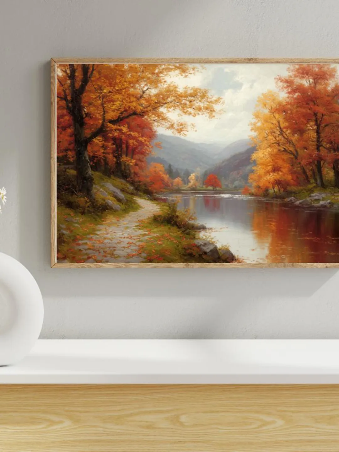 Vintage Autumn River Landscape Print – Rustic Fall Decor (Digital Download)