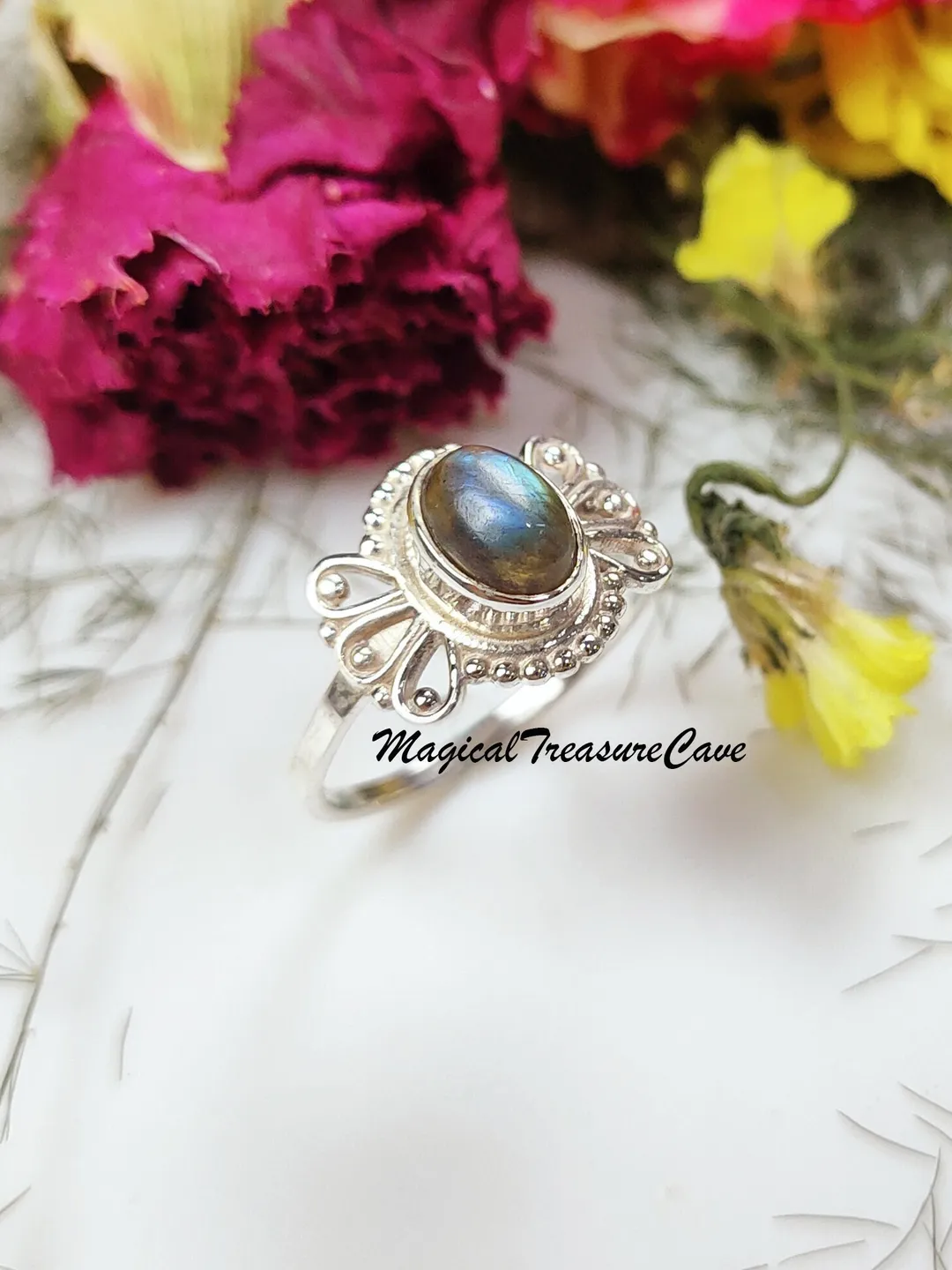 Labradorite Stacking Ring, Natural Blue Flash Labradorite Silver Ring ...