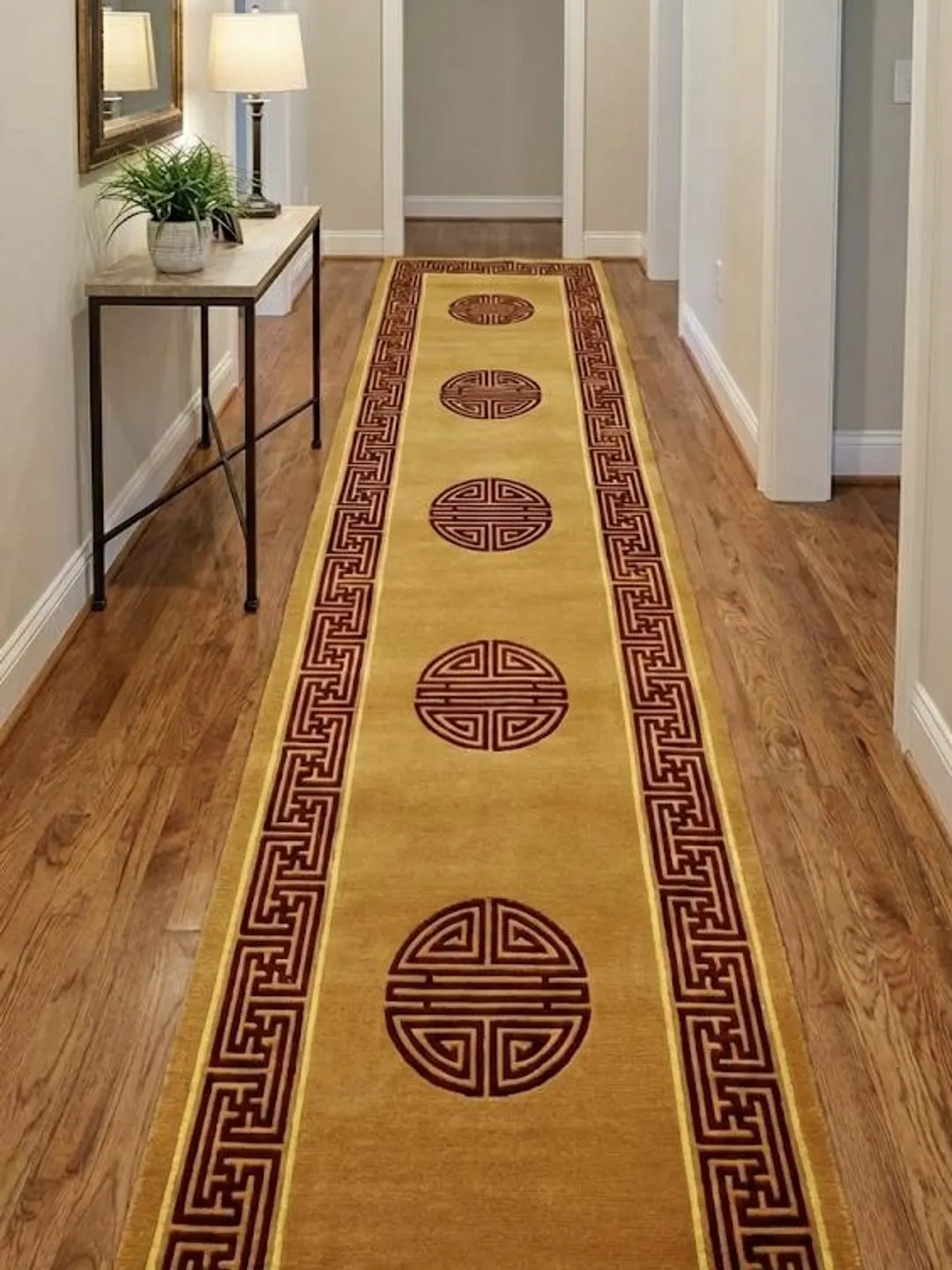 Hand-Knotted Wool Tibetan Runner Rug, Longevity Shou Symbol, Golden Yellow