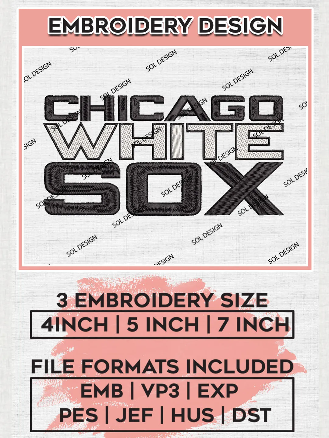 MLB Chicago White Sox Wordmark Logo Embroidery Files, MLB Chicago White Sox Team Embroidery, NCAA Teams, 3 sizes, Machine embroidery designs, Digital Download
