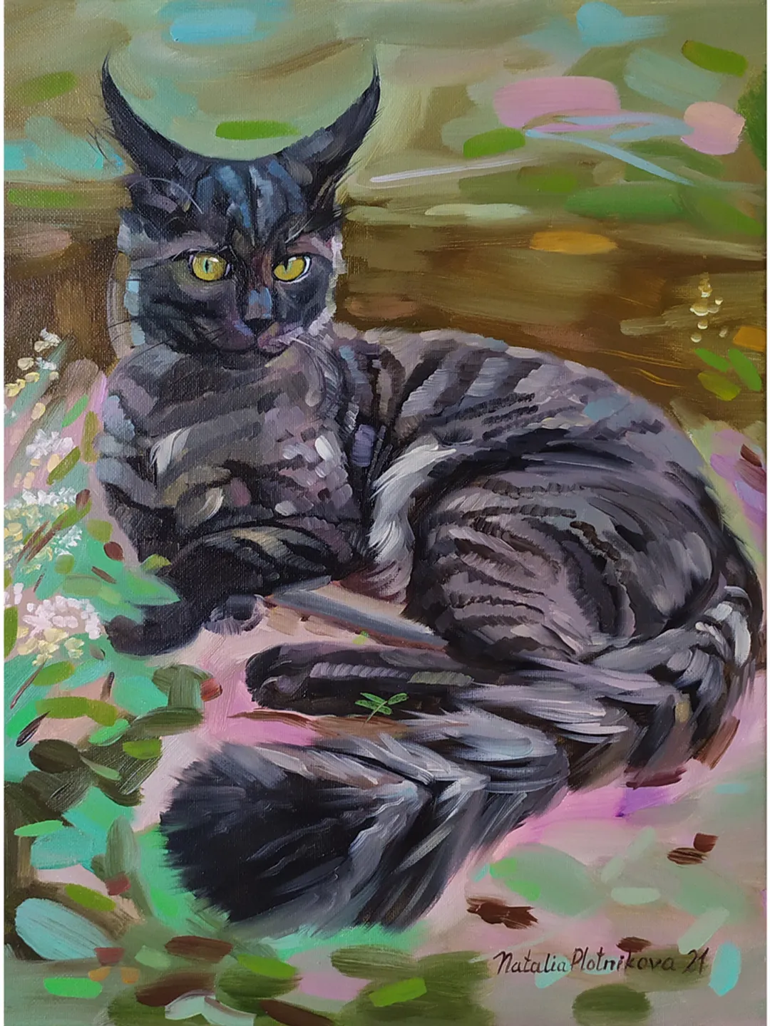 Maine Coon painting oil Pet Original Art Black Cat Artwork fine art Gray Animal canvas art by Natalia Plotnikova