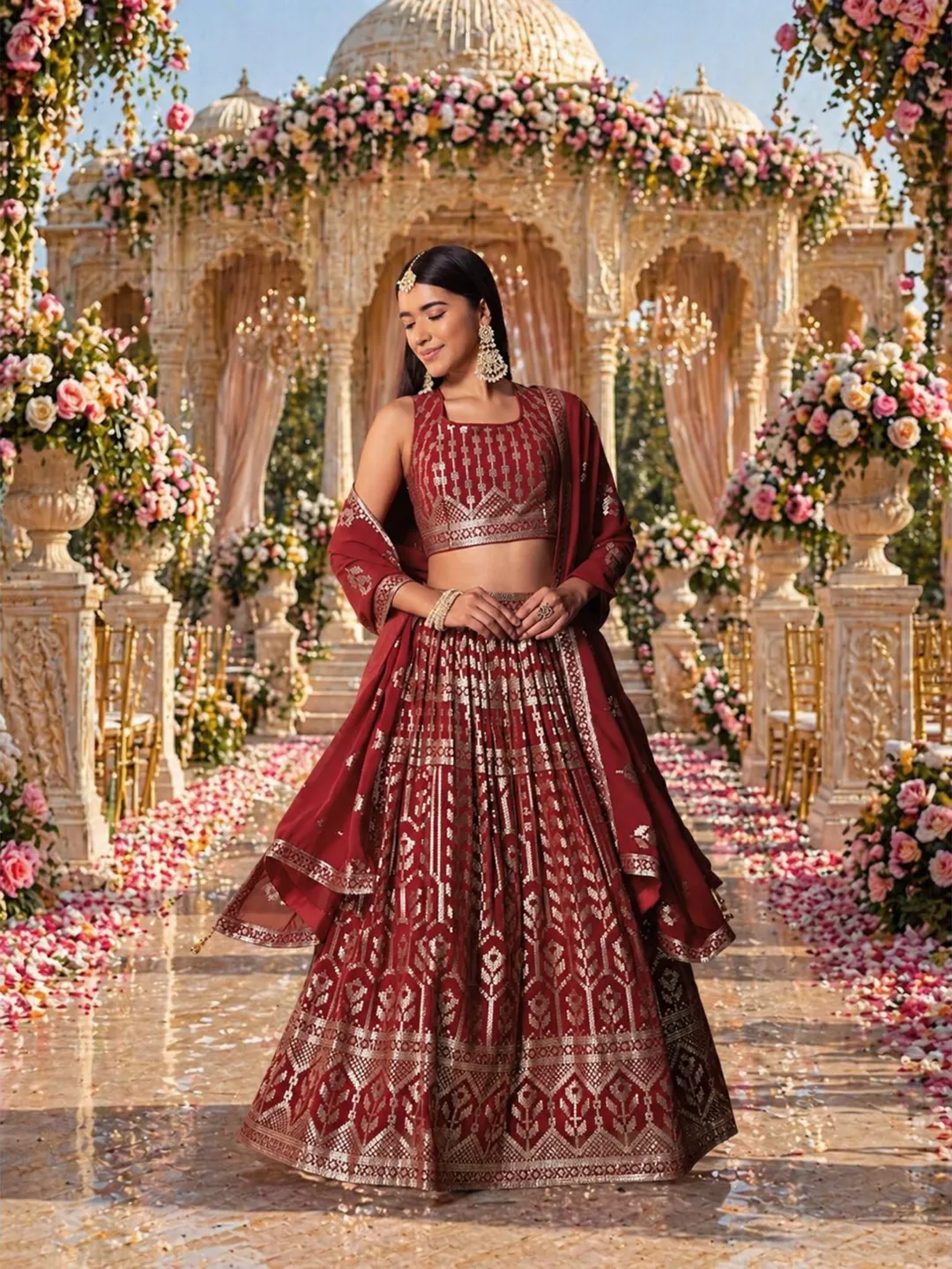 Maroon Georgette Lehenga Choli For Women: Sequin Embroidery Indian Wedding Wear Ready To Wear