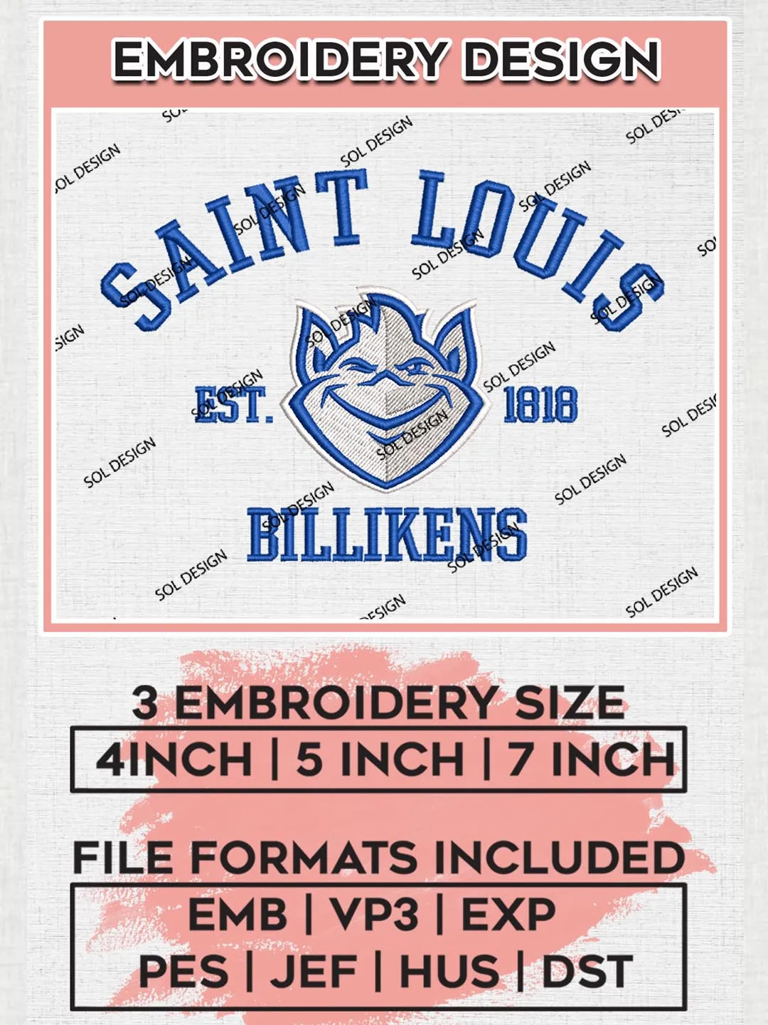 Saint Louis Billikens Est 1818 Logo Embroidery Designs, NCAA Saint Louis Billikens Team Embroidery, NCAA Team Logo, 3 sizes, Machine embroidery Files, Digital Download