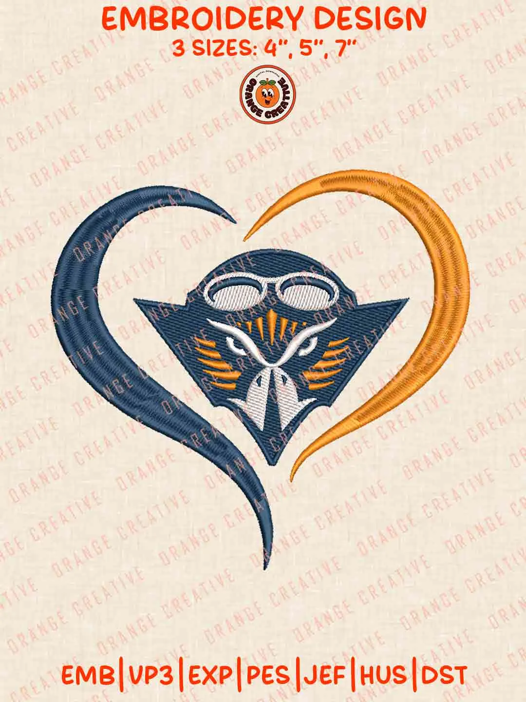 UT Martin Skyhawk Heart Logo Embroidery Design, College Machine Embroidery Digitized Pes File, Football Designs, 3 Sizes, Custom Size, Instant Download
