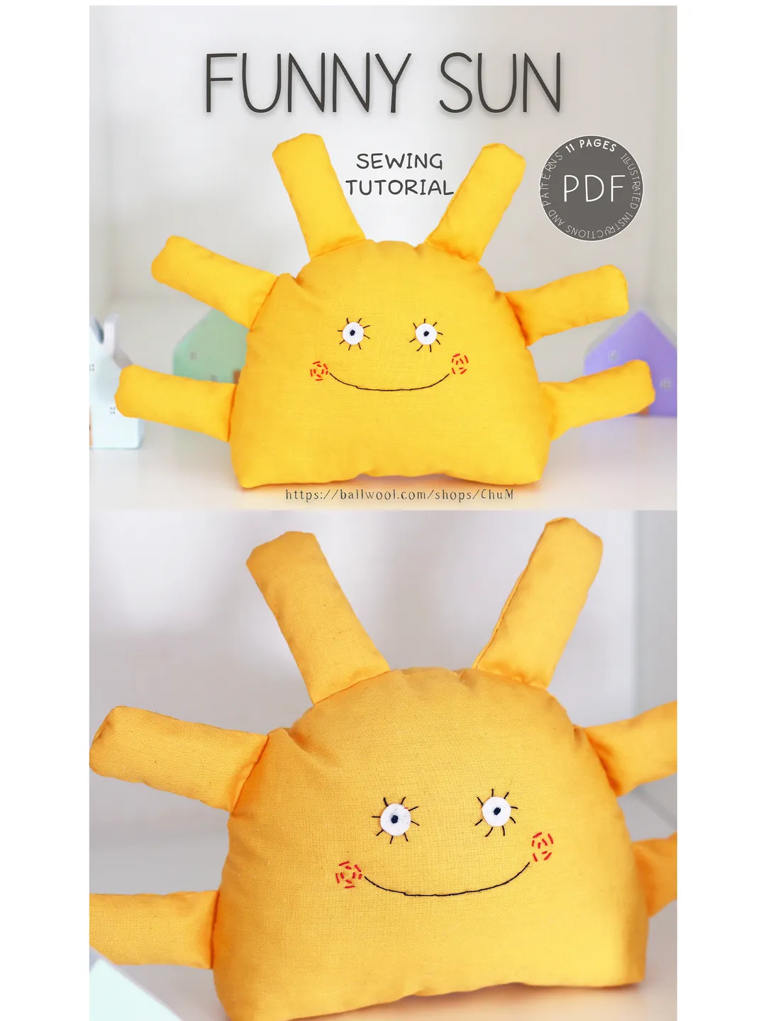 Funny Sun sewing pattern, Sun toy sewing pattern. DIY Tutorial in PDF Format. Digital Pattern for Easy Sewing.