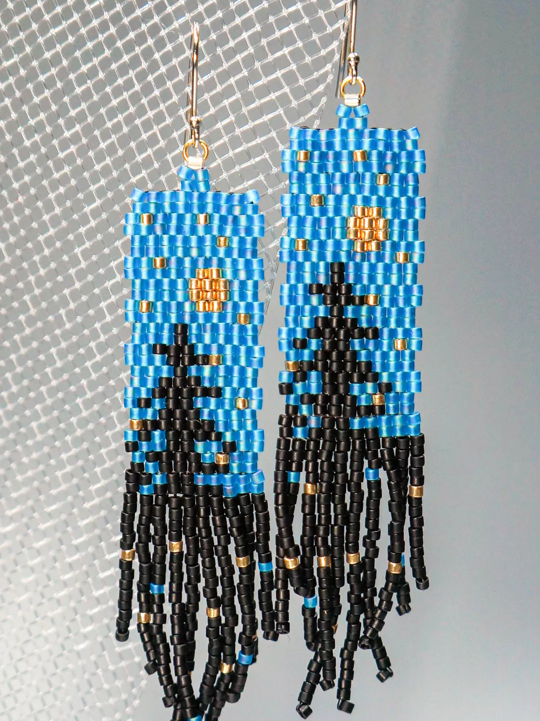 Trees-Patterned light blue sky at night Japanese Bead and sterling Silver Earrings A Fusion of Elegance and Nature