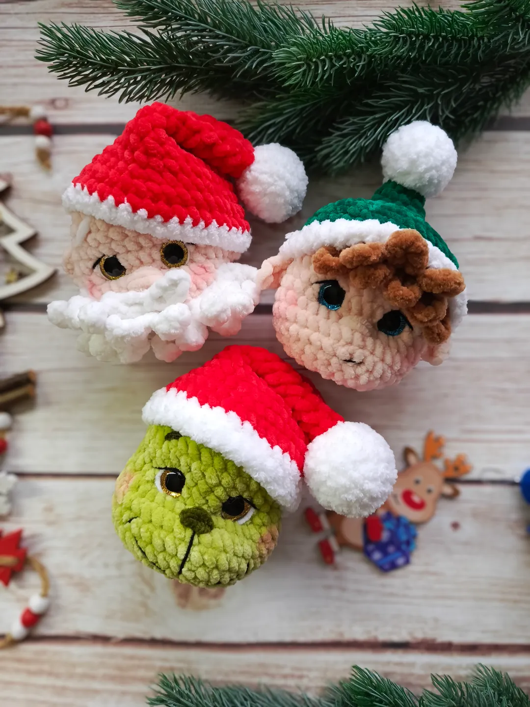 Crochet christmas tree decorations toys set 3 in 1 
pattern PDF Santa, elf, green villain