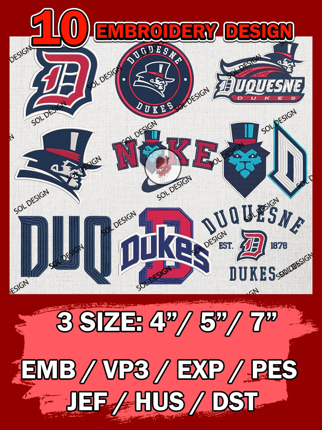 10 NCAA Duquesne Dukes Bundle Embroidery Files, NCAA Duquesne Dukes Team Bundle Embroidery Designs, NCAA Teams, National College Football Team 3 sizes, NCAA Duquesne Machine Embroidery, Digital Download