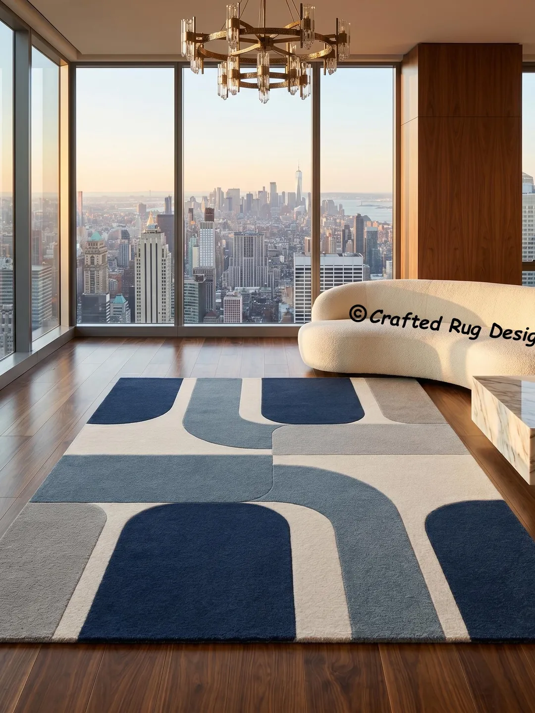 Modern Geometric Wool Rug, Navy Blue Light Blue Cream Hand Tufted Area Rug, Contemporary Mid Century Abstract Rug for Living Room Bedroom