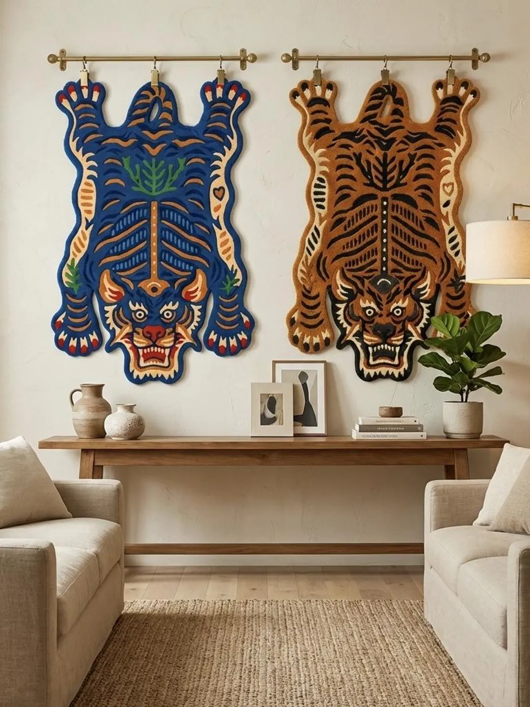 Hand Tufted Tibetan Tiger Rug - Blue & Orange Variations - Animal