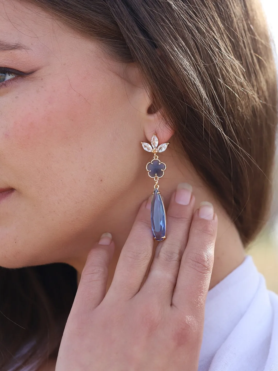 Blue Art Deco Wedding Earrings For Brides, Flower Boho Bridal Earrings, Swarovski Crystal Gold Statement Wedding Jewelry, Gatsby Earrings