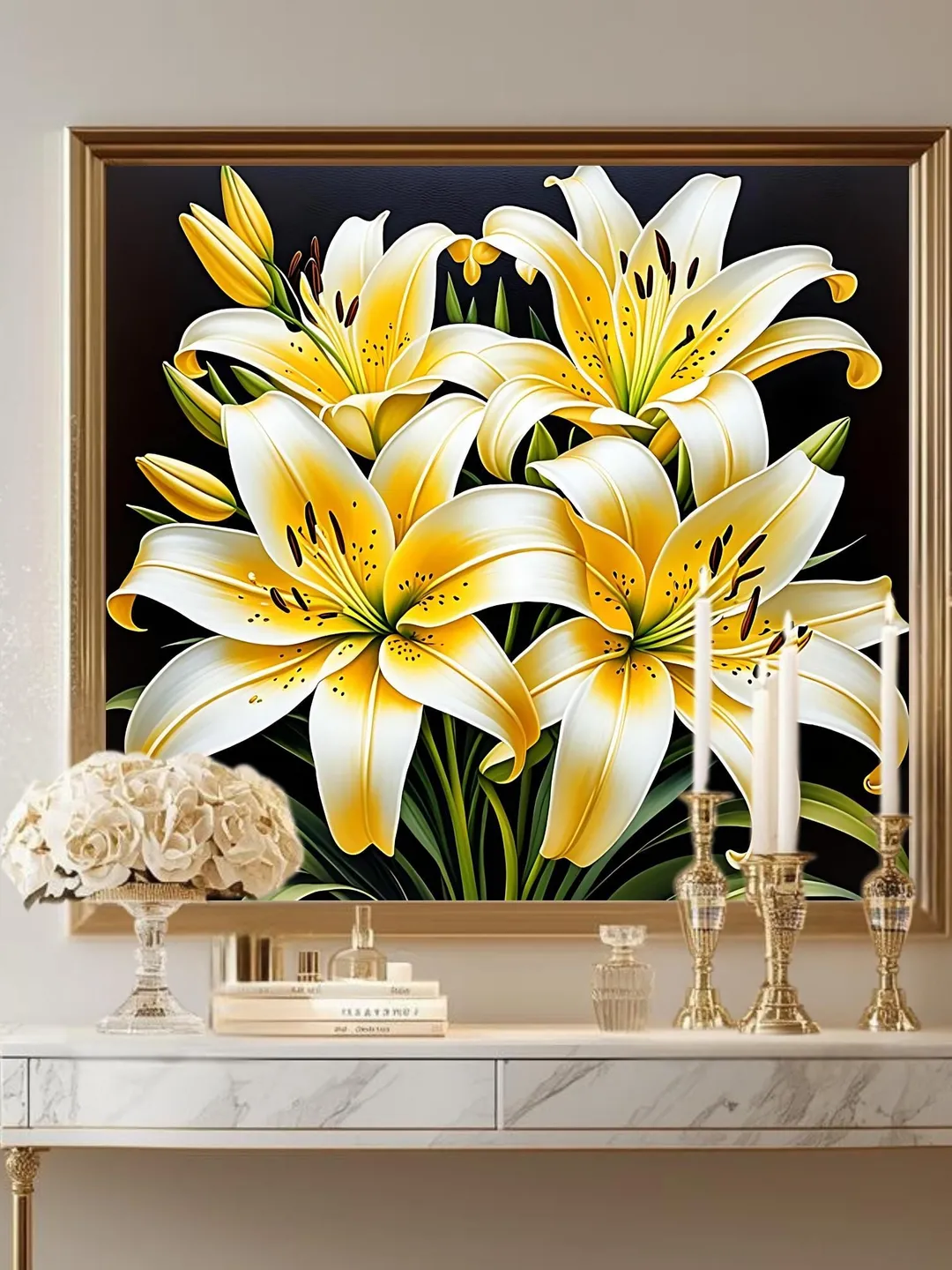 Gold Botanical White Lily Art Print, Elegant Floral Wall Decor (Digital ...