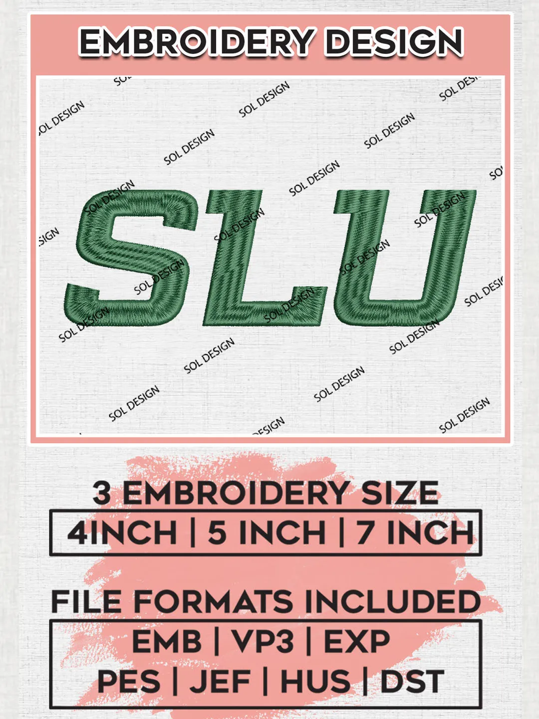 NCAA SLU Lions Team Logo Embroidery Design Files, NCAA SE Louisiana Lions Machine Embroidery, NCAA Teams, Game Day, 3 sizes, NCAA Machine embroidery designs, Digital Download