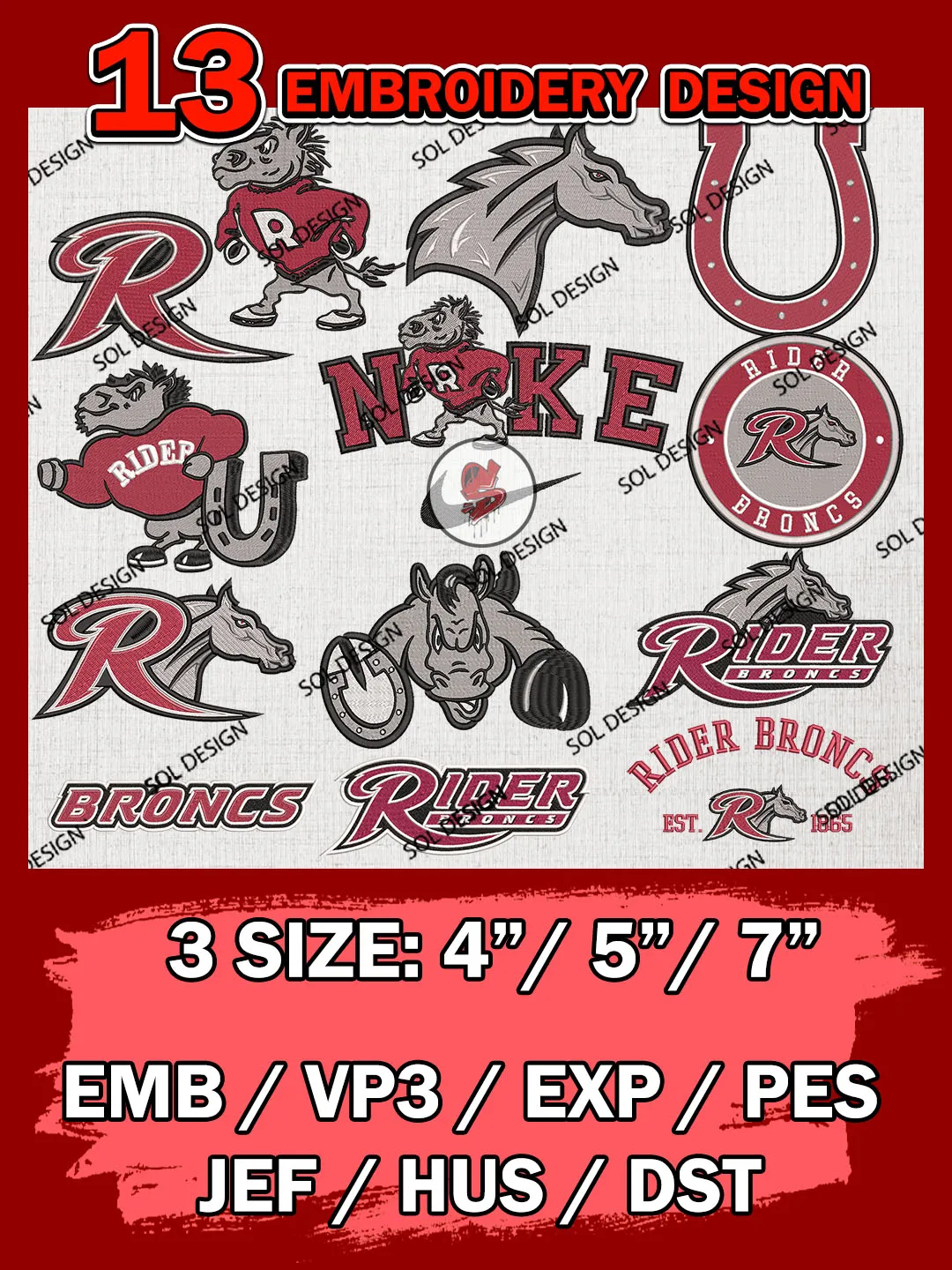 13 NCAA Rider Broncs Bundle Embroidery Files, NCAA Rider Broncs Team Bundle Embroidery Designs, NCAA Teams, National College Football Team 3 sizes, NCAA Rider Broncs Machine Embroidery, Digital Download
