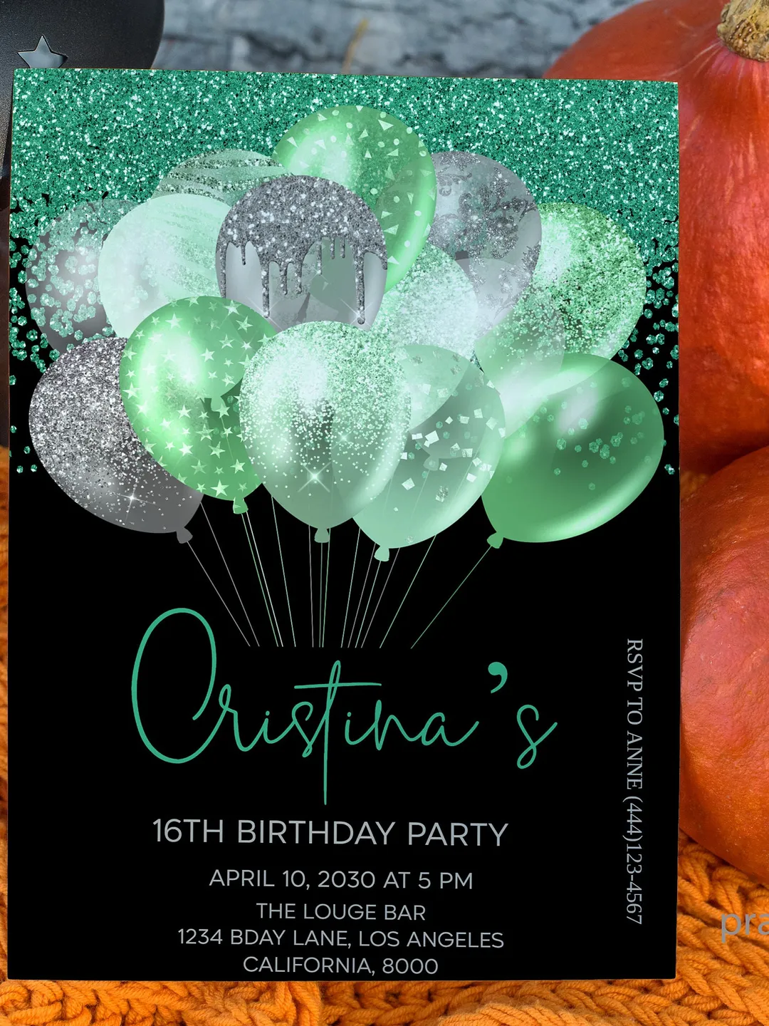Green Glitter Balloons Birthday Invitation Template (Digital Download)