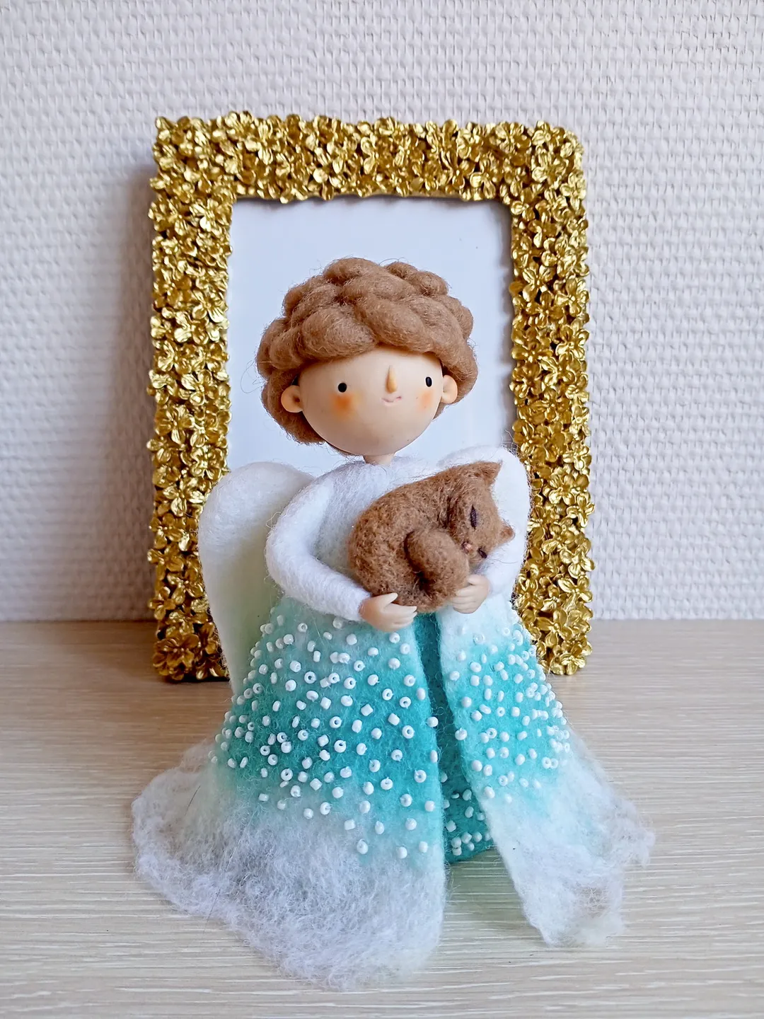 Waldorf inspired angel with cat\OOAK angel figurine\Wool needle felted magic angel art doll\Animal lovers gift\Loss pet gift\Keeper pets