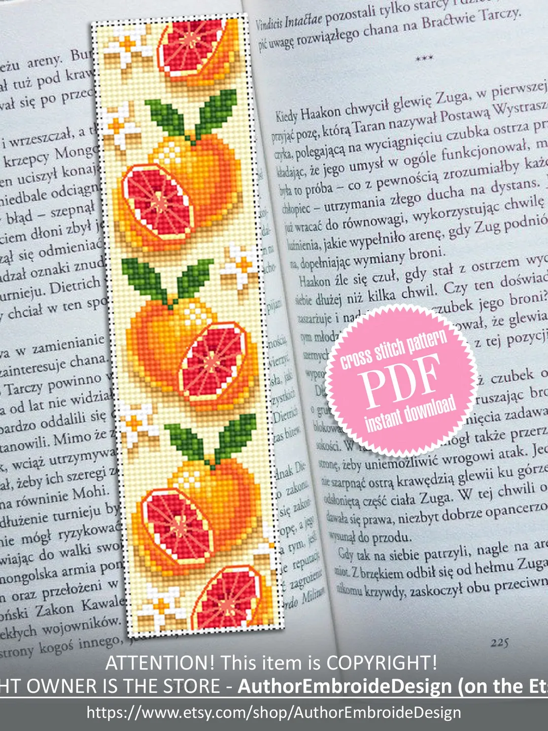 Bookmark grapefruit cross stitch pattern download PDF Tropical fruit cross stitch chart, Digital bookmark pattern PDF, Book lover gift #B144