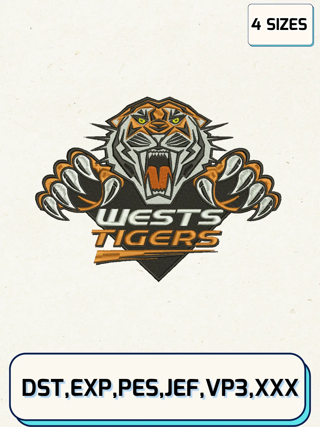 Wests Tigers Logos Embroidery Design Files, NRL Logos Embroidery Designs, Machine Embroidery Files, 4 Sizes