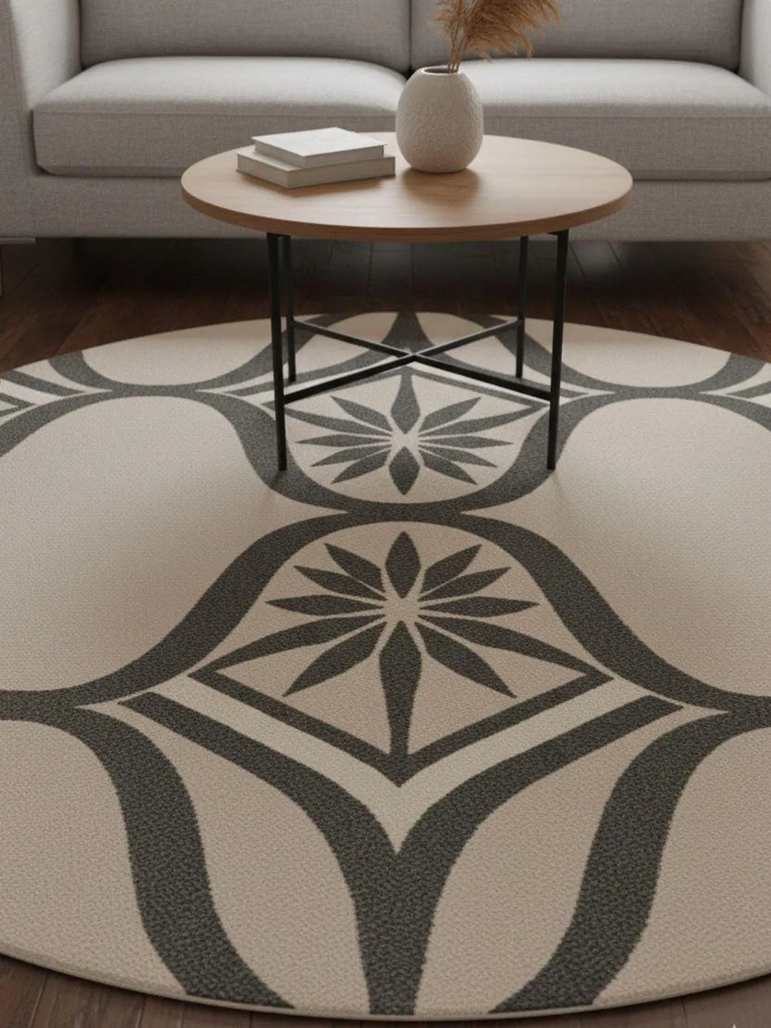 Textured Neutral Round Rug Hand-Tufted Round Area Rug | Neutral Beige & Grey Geometric Carpet ...