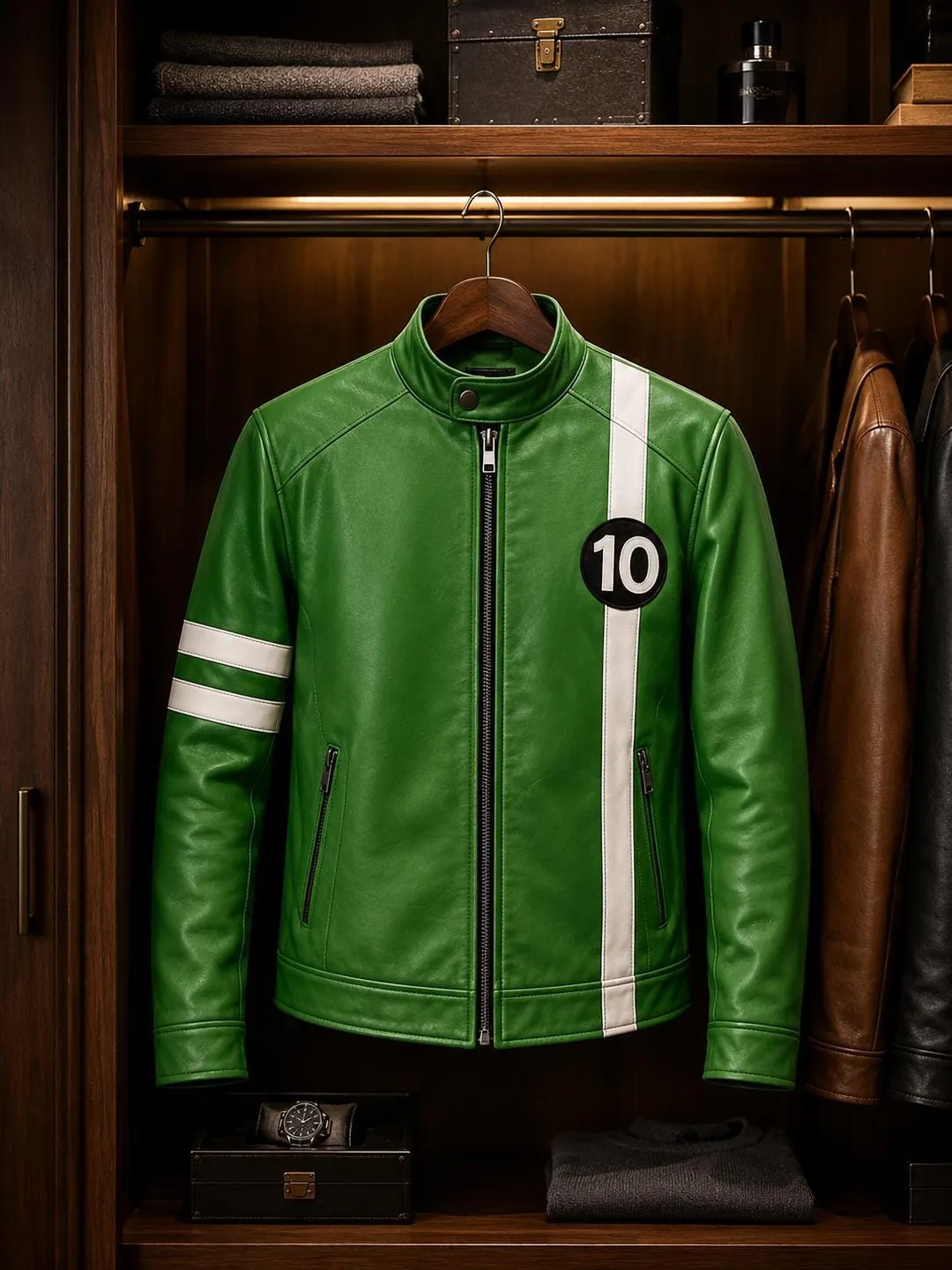 Men's Green Sheepskin Leather Jacket – Ben 10 Inspired Biker