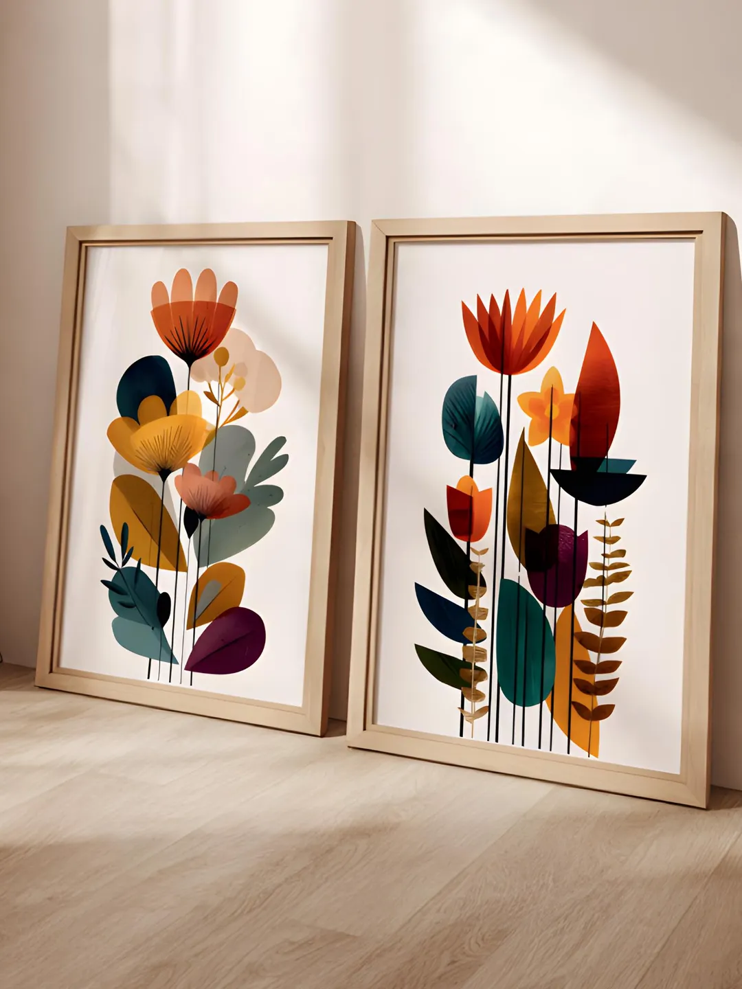 Mid Century Modern Floral Wall Art Set of 2, Abstract Botanical Prints ...